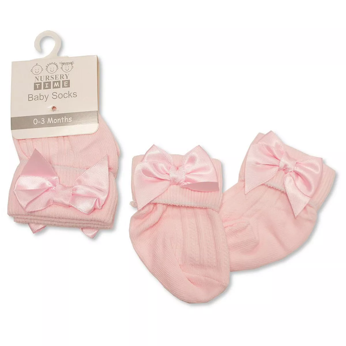 Pink Satin Bow Socks – by Nursery Time (0–3 Months, One Size)