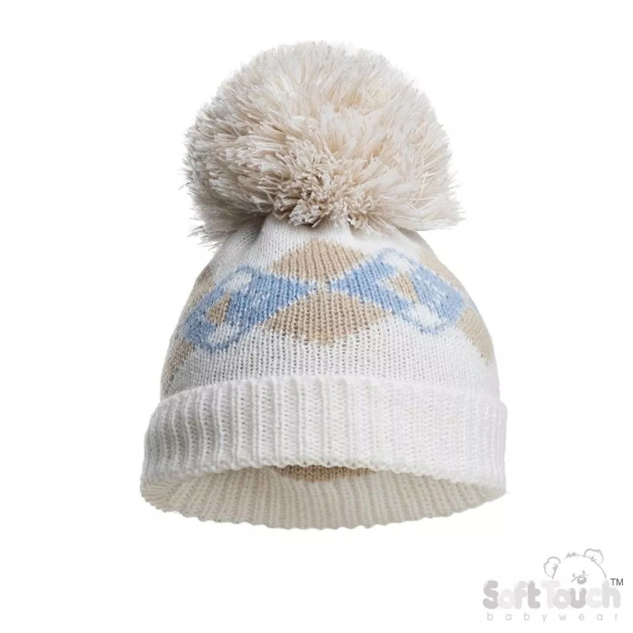 Blue Argyle Pom Pom Hat – by Soft Touch (Newborn–12 months) - Image 2