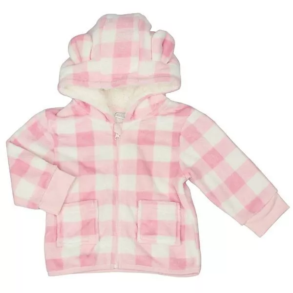 Pink Hooded Snug Fleece Gingham Jacket – by Pure & Soft (6–12 & 18–24 Months)