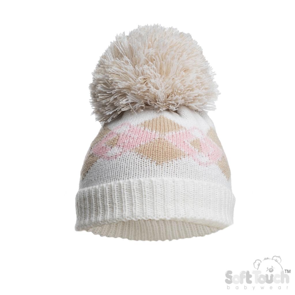 Pink Argyle Pom Pom Hat – by Soft Touch (Newborn–12 Months) - Image 2