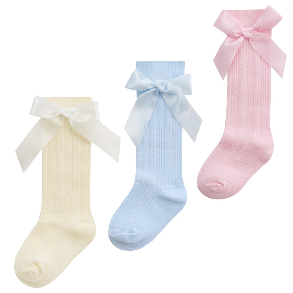 Cable Knit Knee High Ribbon Socks with Satin Bow – by Tick Tock (0–2.5)