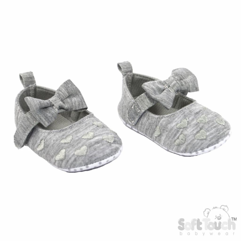 Grey Bow & Heart Soft Sole Shoes – by Soft Touch (6–15 Months)