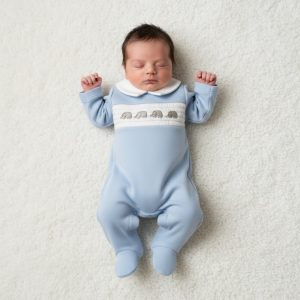 Smocked “Elephant” All-In-One – by Tiny Chick (3–8 lbs)