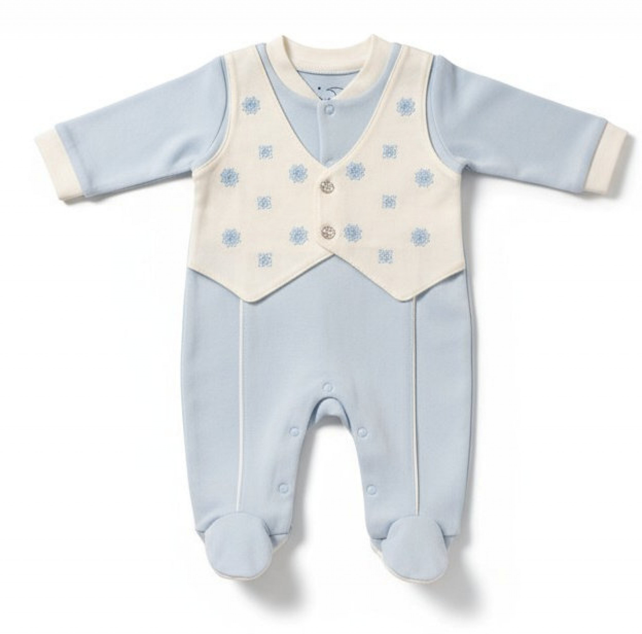 Sky Blue & White Faux Waistcoat All In One – by Just For Me (0–6 Months) - Image 2