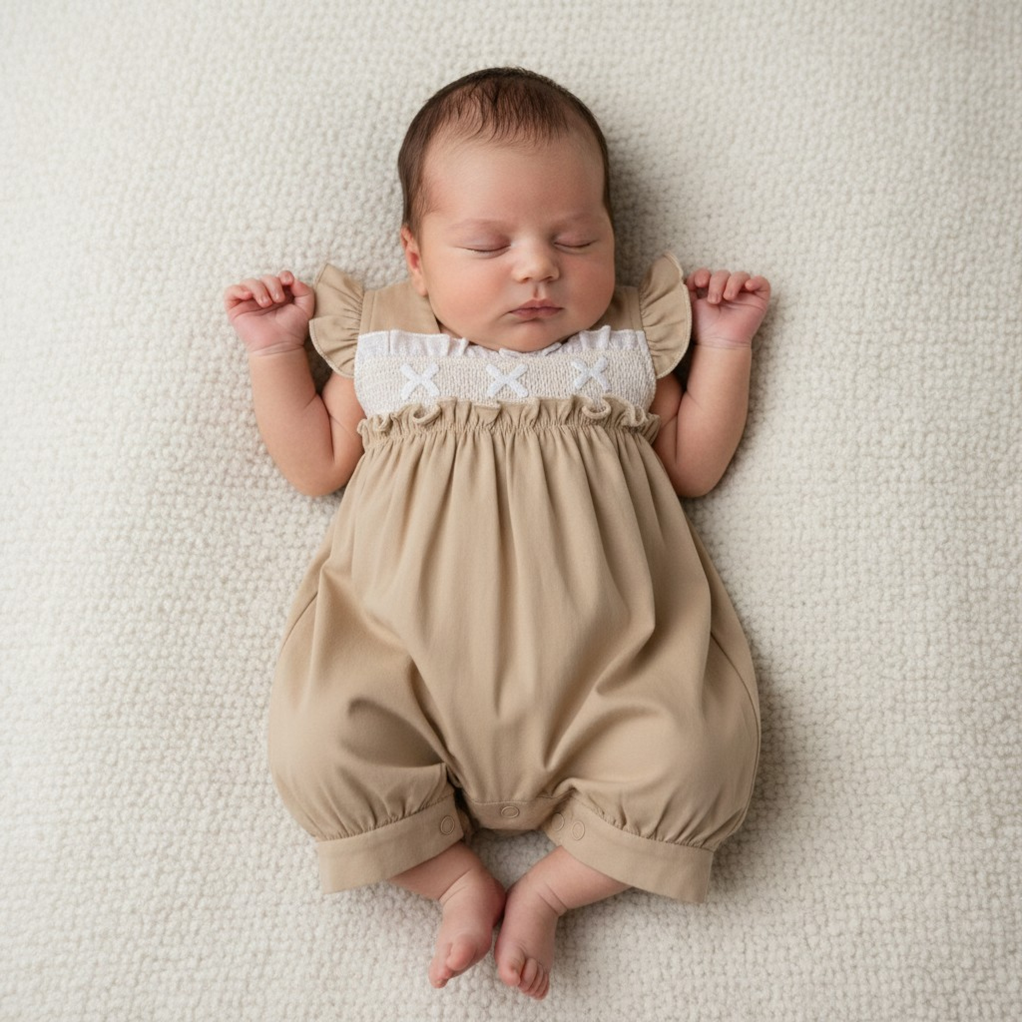 Smocked Linen Romper – by Tiny Chick (3–8 lbs)