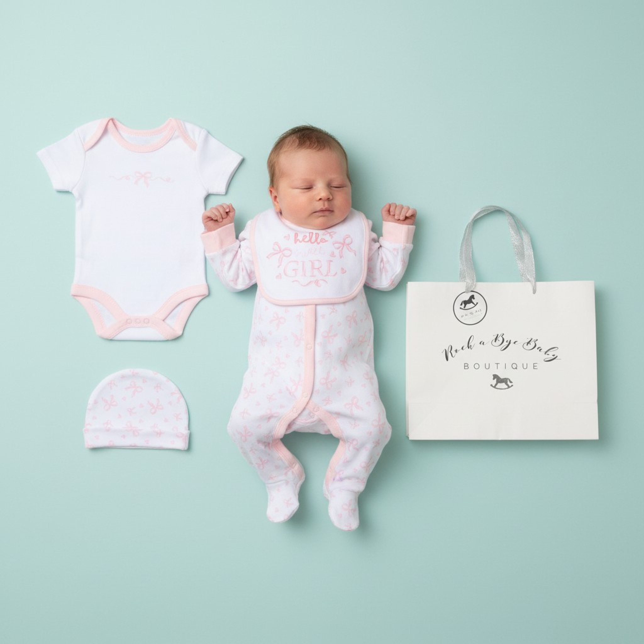 “Hello Sweet Girl” 5 Piece Layette Set – by Rock-a-Bye Boutique (Newborn–6 Months)