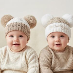“I Love My Mummy/Daddy” Coffee Pom Pom Hat – by Soft Touch (Newborn–12 Months)