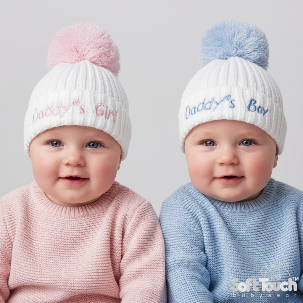 Daddy’s Girl Ribbed Knit Pom Pom Hat – by Soft Touch (Newborn–12 Months)