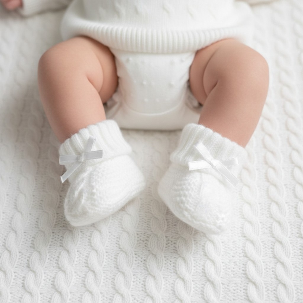 White Knitted Booties with Cable Detail & Bow – by Soft Touch (0–3 Months)
