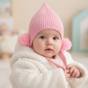Pink Chenille Hat with Poms – by Soft Touch (Newborn–12 Months)