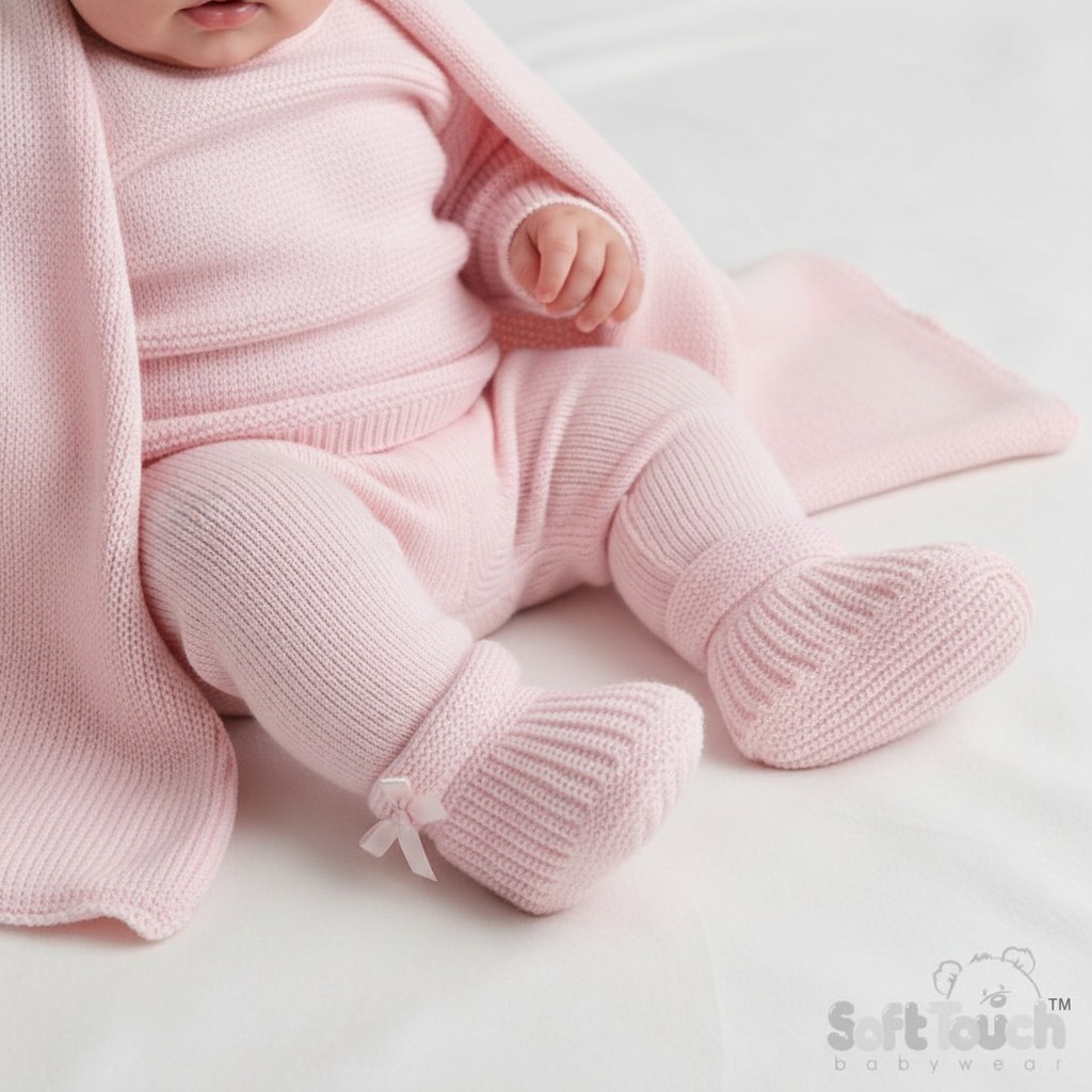 Pink Cable Knit Bow Booties – by Soft Touch (Newborn)