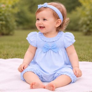 Bow and Smocked Romper – by Rock-a-Bye Boutique (0–6 Months) END OF SEASON‼️
