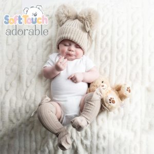 Biscuit Velvet Ribbon Pom Pom Hat – by Soft Touch (Newborn–12 months)