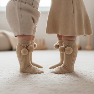 Coffee Elegance Knee High Pom Pom Baby Socks – by Soft Touch (0–24 Months)