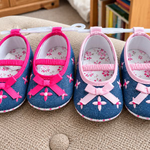 Denim Embroidered Baby Shoes with Pink Bow – by Soft Touch (0–12 Months) FINAL CLEARANCE‼️