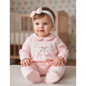 Pink "Lace and Bow" Textured All In One & Headband – by Bello Joy (0–9 Months)