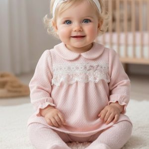 Pink "Lace and Bow" Textured Three Piece Set – by Bello Joy (0–3 Months) LAST ONE‼️