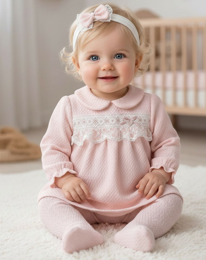 Pink "Lace and Bow" Textured Three Piece Set – by Bello Joy (0–3 Months) LAST ONE‼️