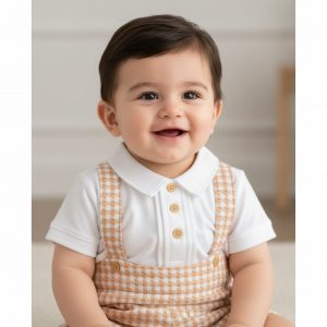 "Welcome" Dogtooth Dungaree Set – by My Little Chick (Newborn –6 Months)