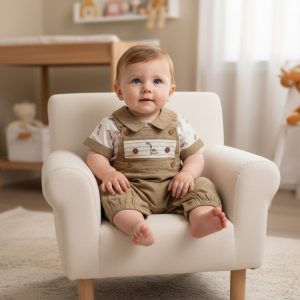 Smocked "Dinosaur" Linen Dungaree Set – by My Little Chick (Newborn –6 Months)