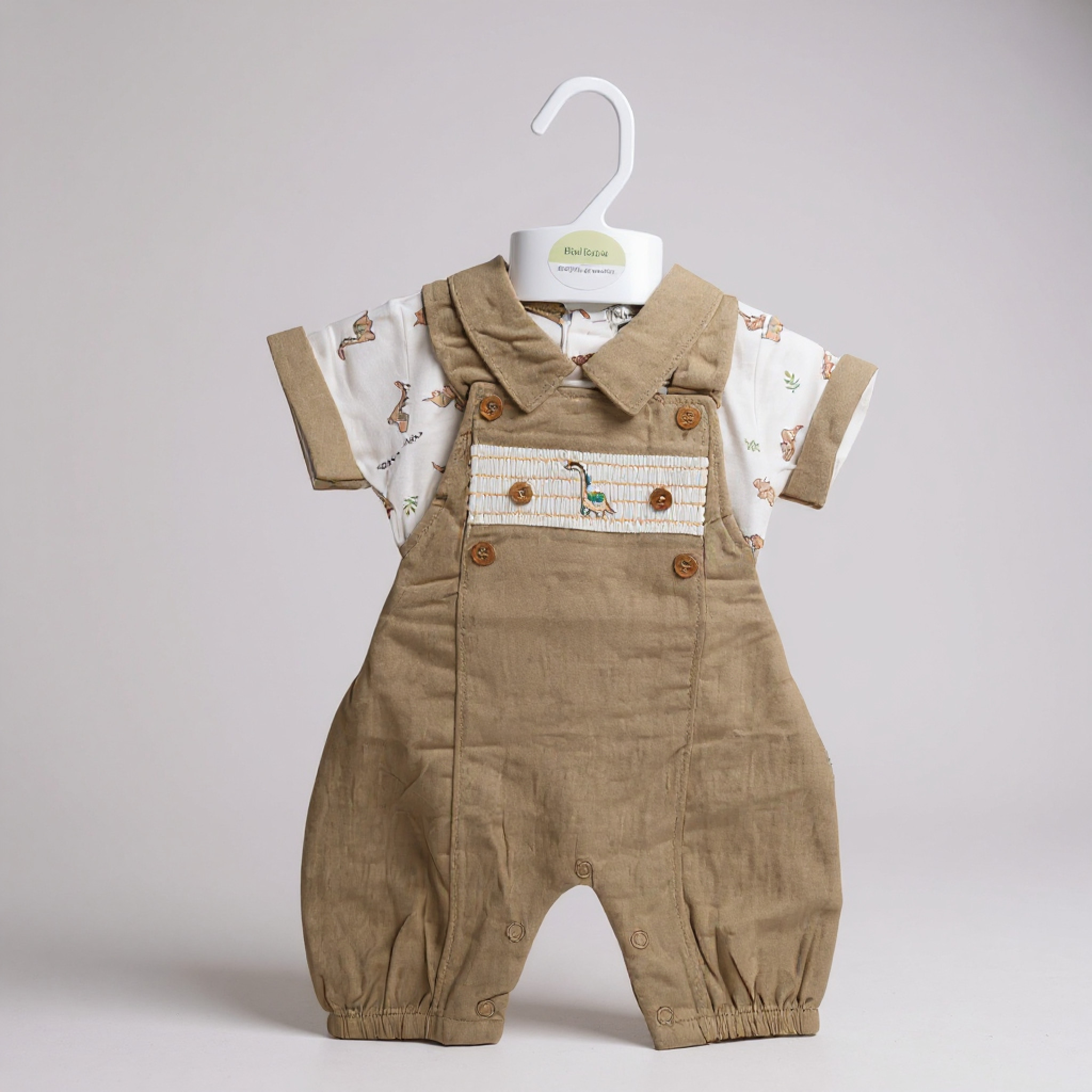 Smocked "Dinosaur" Linen Dungaree Set – by My Little Chick (Newborn –6 Months) - Image 2