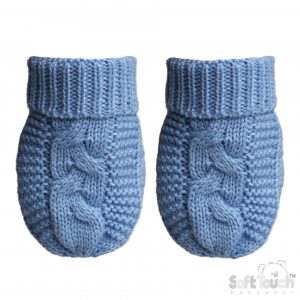 Blue Cable Knit Deluxe Baby Mittens – by Soft Touch (Newborn–12 Months)