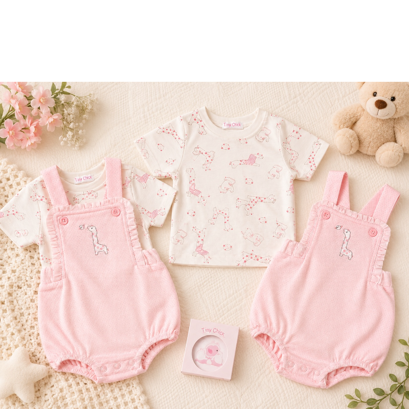 Pink & White Giraffe 2 Piece Pinafore Dungaree Set – by Tiny Chick (3–8 lbs) - Image 2