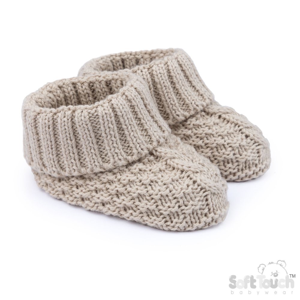 Oatmeal Knitted Baby Booties – by Soft Touch (Newborn–6 Months)
