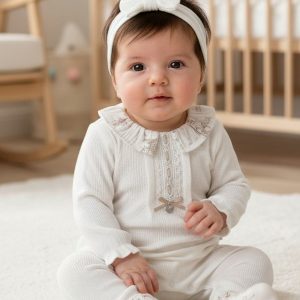 White "Lace & Bow" Textured All In One & Headband – by Bello Joy (0–9 Months)