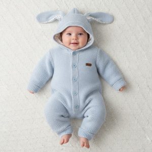 Sky Blue Bunny Ears Sherpa Lined Knitted Pram Suit – by Babymy (3–12 Months)
