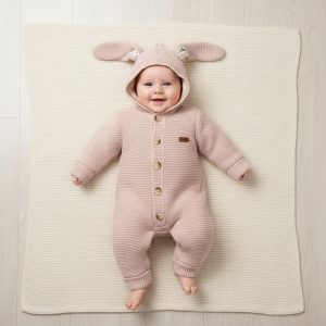 Pink Bunny Ears Sherpa Lined Knitted Pram Suit – by Babymy (3–12 Months)