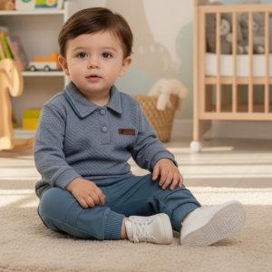 Petrol Blue Honeycomb Top & Trousers Set – by Beyaz Baby Collection (6–24 Months)
