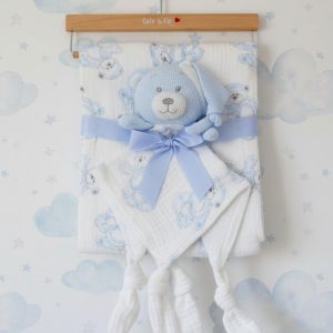 Sky Blue Teddy Muslin Blanket & Knotted Comforter Gift Set – by Cute & Co