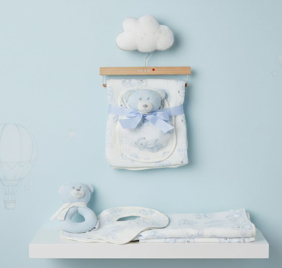 Sky Blue Teddy Muslin Blanket, Bib & Ring Rattle Gift Set – by Cute & Co