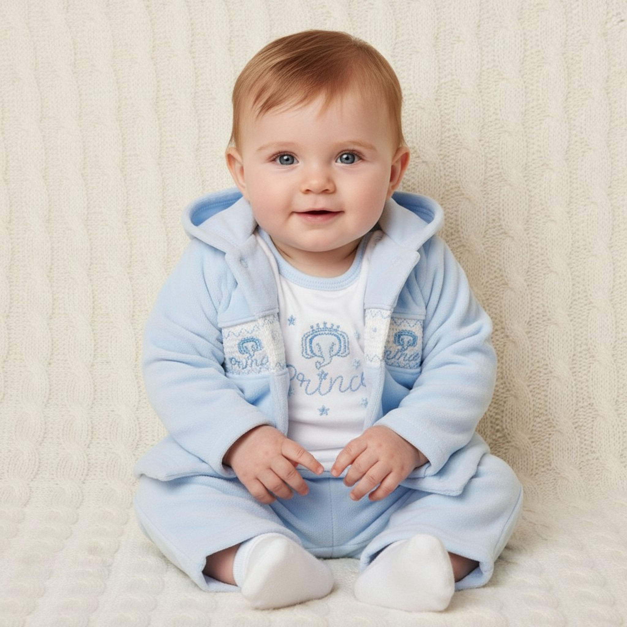 Smocked "Prince" Velour Three Piece Set – by My Little Chick (Newborn–3 Months)