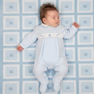 Sky Blue Smocked Velour "Prince" All In One – by My Little Chick (Newborn –6 Months)