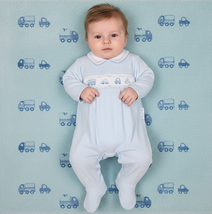 Smocked Velour "Vehicles" All In One – by My Little Chick (0–6 Months)
