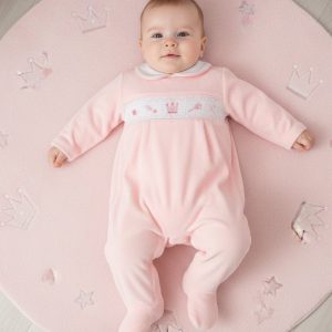 Pink Smocked Velour "Princess" All In One – by My Little Chick (Newborn –6 Months)