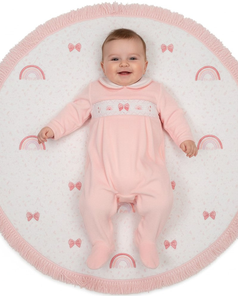 Pink Smocked Velour "Bow" All In One – (Newborn –6 Months)