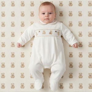 Smocked Velour "Teddy" All In One – by My Little Chick (0–6 Months)