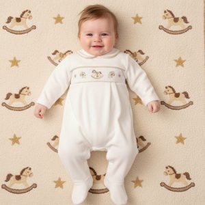 Smocked Velour Rocking Horse All In One – by My Little Chick (0–6 Months)