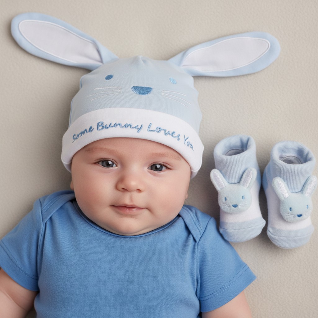 Pink or Sky "Some Bunny Loves You" Hat & Booties Gift Set – by Nursery Time (One Size - Newborn-12 Months) - Image 2