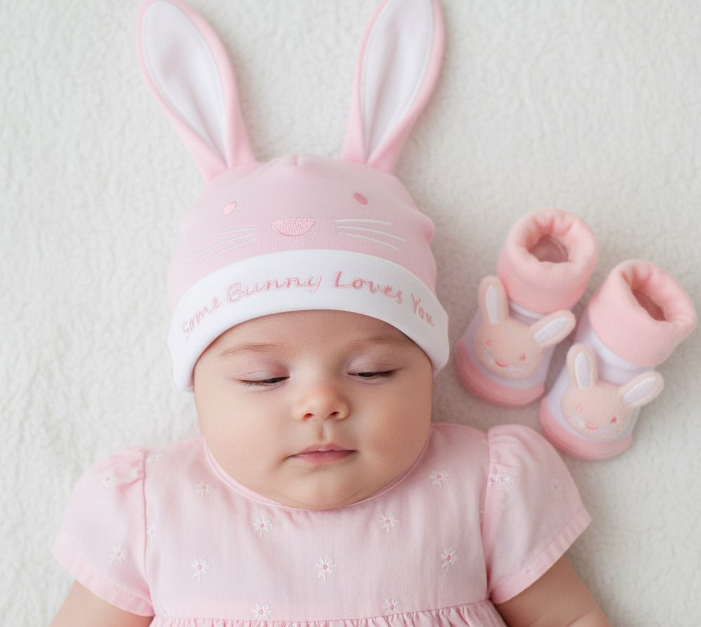 Pink or Sky "Some Bunny Loves You" Hat & Booties Gift Set – by Nursery Time (One Size - Newborn-12 Months) - Image 3