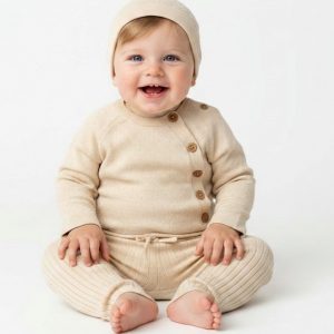 Beige Knit Cotton Bodysuit, Trousers & Hat Set – by Rock A Bye Boutique (0–12 Months)