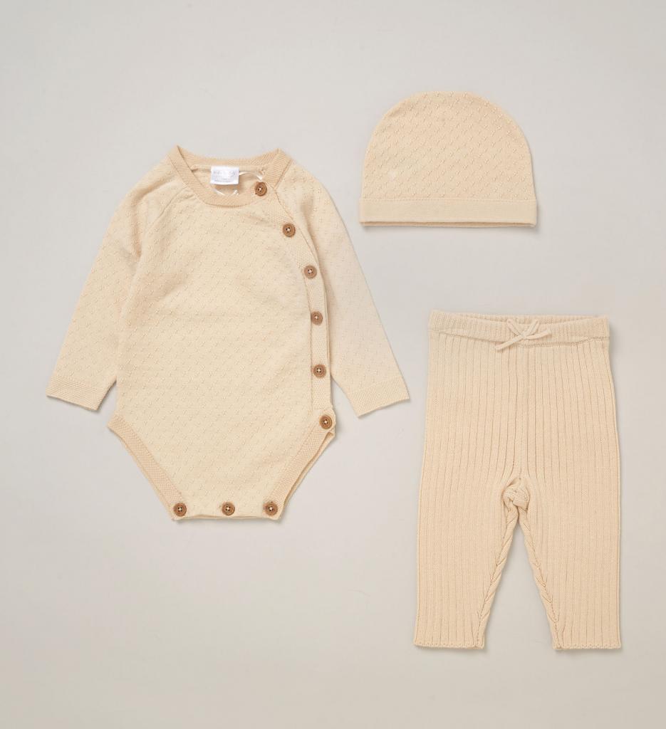 Beige Knit Cotton Bodysuit, Trousers & Hat Set – by Rock A Bye Boutique (0–12 Months) - Image 2