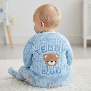 Sky Blue "Teddy Club" Cotton Cardigan – by Rock A Bye Boutique (0–12 Months)
