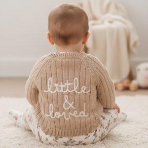 Beige "Little & Loved" Cotton Cardigan – by Rock A Bye Boutique (0–12 Months)