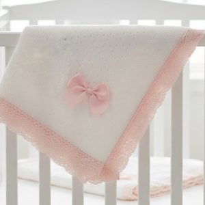 Pink & White Cotton Lace Trimmed Bow Baby Shawl – by Snuggle Baby (110 x 110cm)