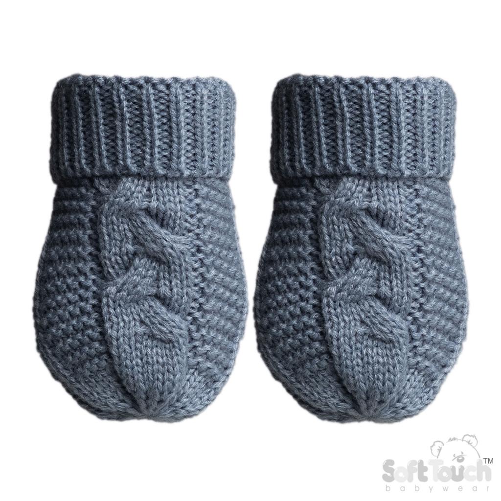 Dusky Blue "Zero" Recycled Cable Knit Baby Mittens – by Soft Touch Zero (Newborn–12 Months)