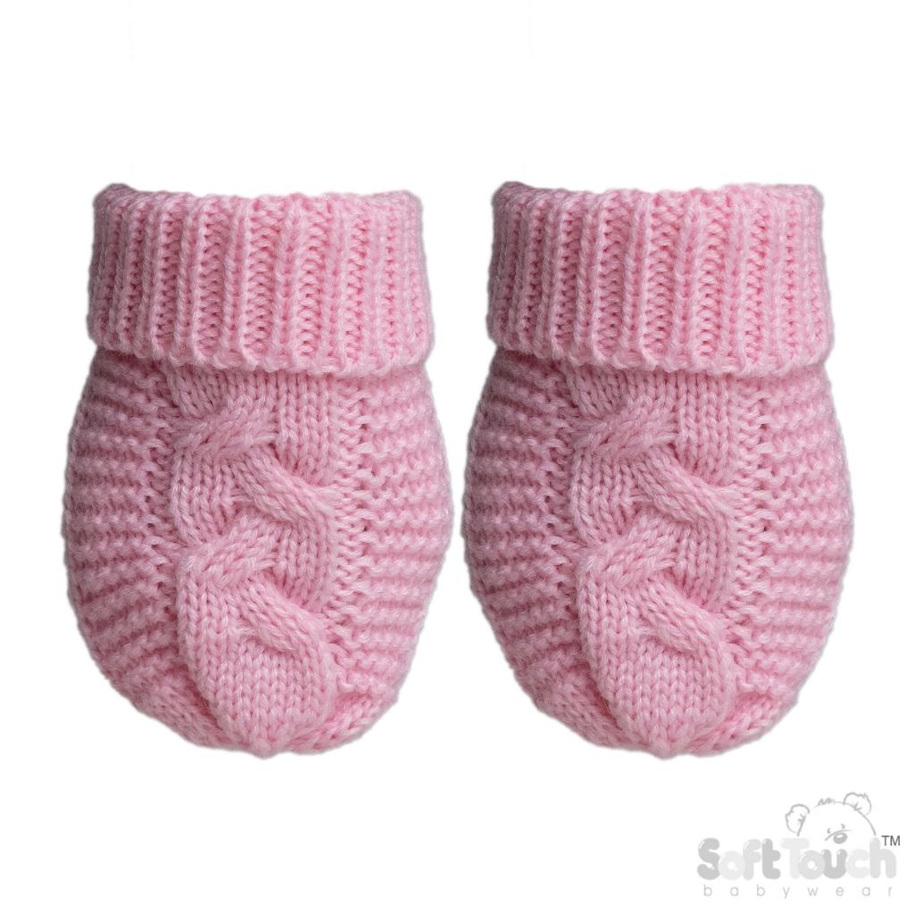 Pink "Zero" Recycled Cable Knit Baby Mittens – by Soft Touch Zero (Newborn–12 Months)